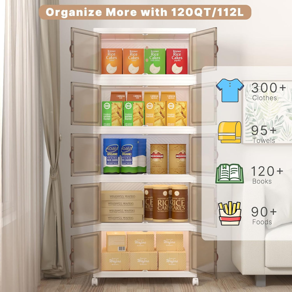 600Qt Stackable Storage Bins with Lids, 5 Pack Large Collapsible Bins with Wheels, Plastic Cabinet with Doors, Foldable Closet Organizers and Storage for Home, Dorm, Office, White