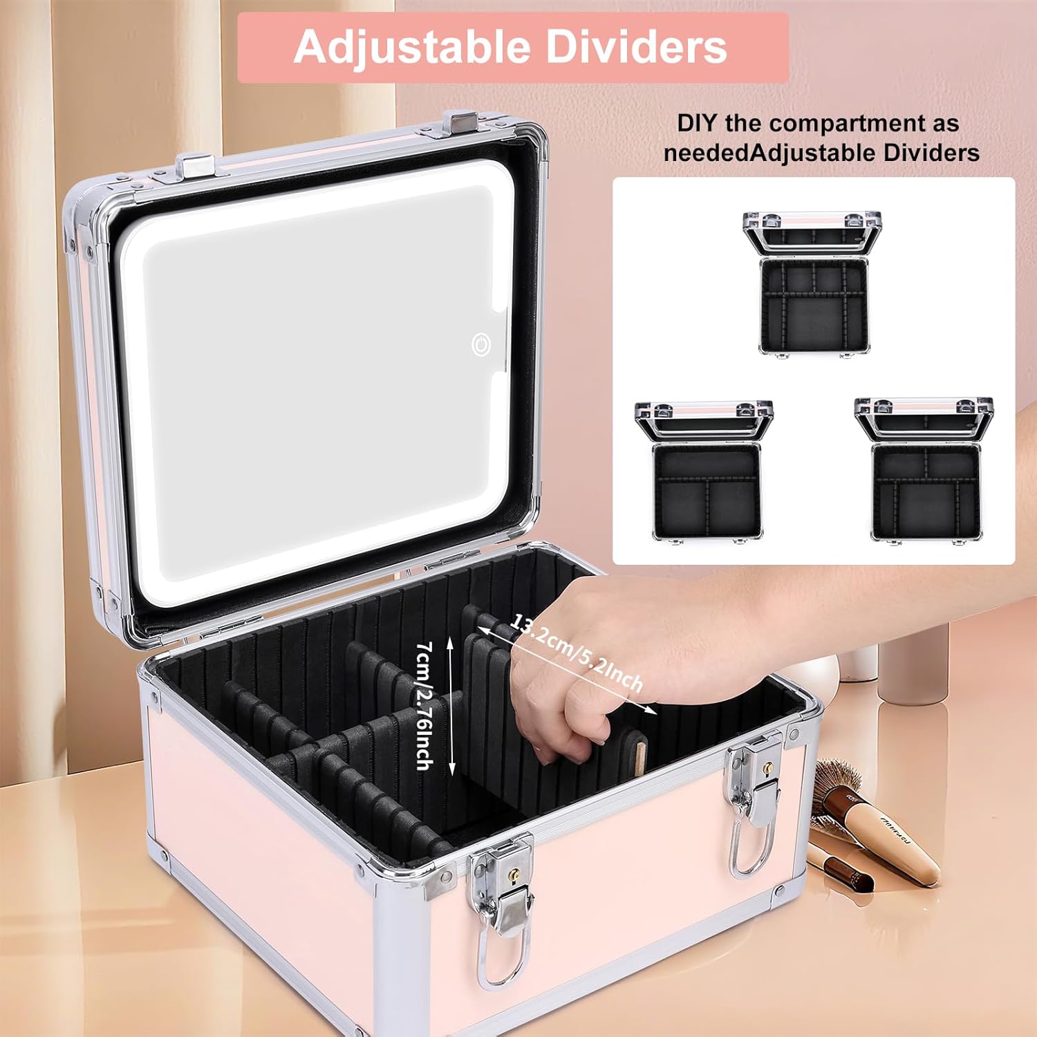 Makeup Box with Led Mirror,Travel Train Hard Case with Rechargeable Lighted Mirror Adjustable Dividers,Cosmetic Organizer Storage Bag for Makeup Artists,Appropriate Gift for Women and Girls,Pink