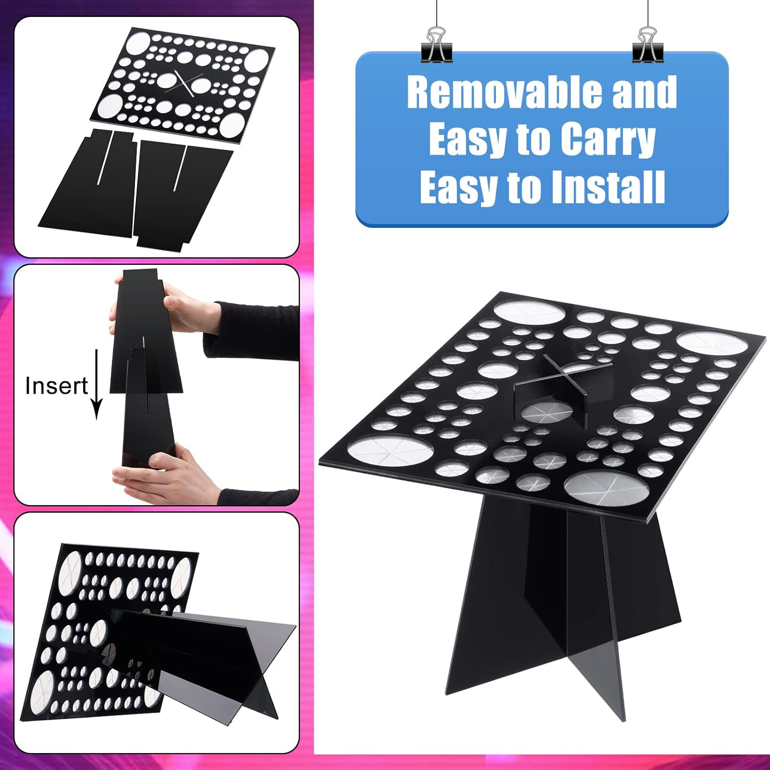 72 Holes Acrylic Makeup Brush Stand - Collapsible Holder & Dryer for Makeup Artist, Nail Brush, Paintbrush, Black