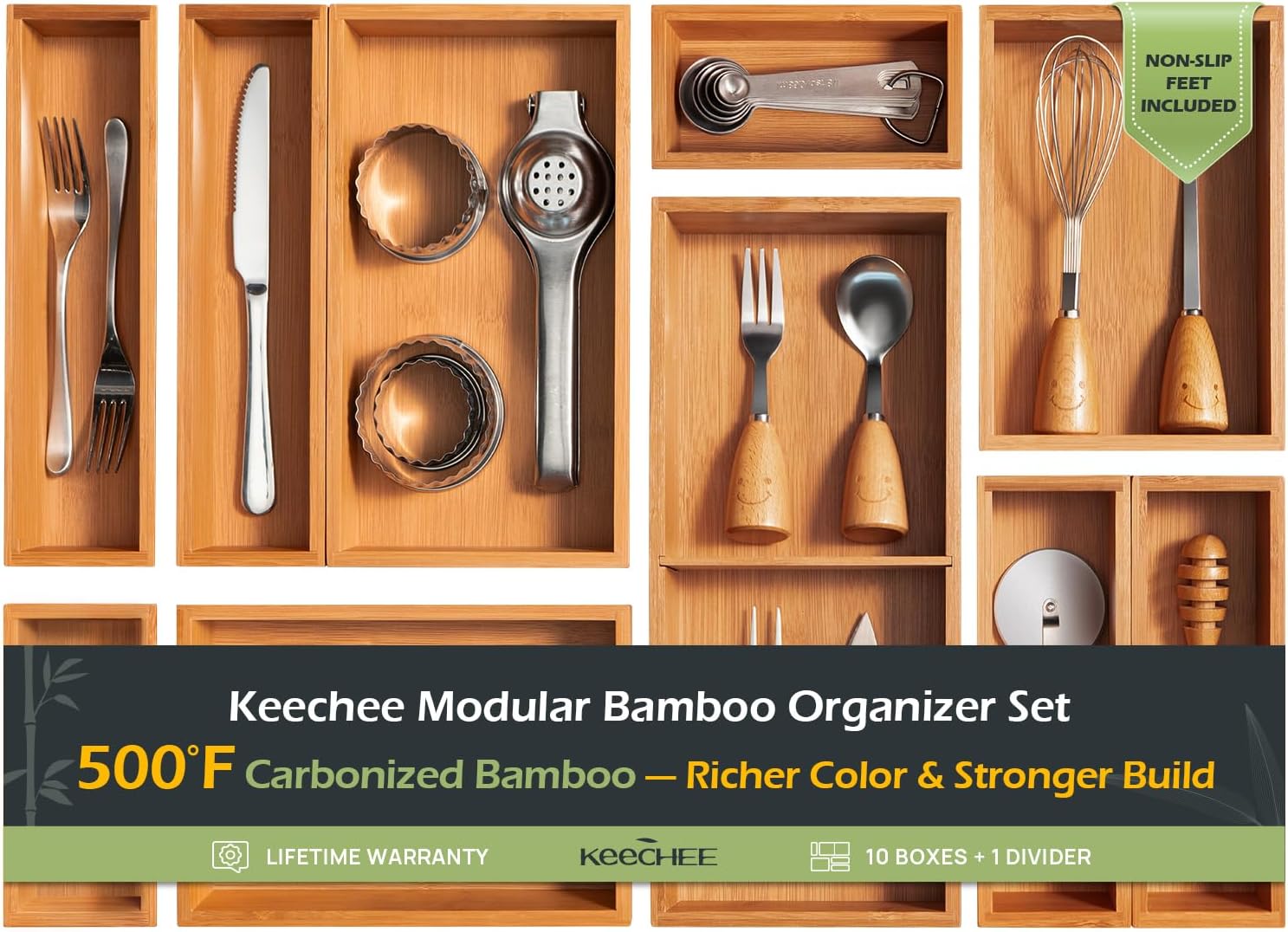 10-Piece Bamboo Drawer Organizer Set, 2.2" Deep Multi-Use Organizers for Utensils, Silverware, Cutlery, Desk, Bathroom, Junk Drawer & Makeup, Non-Slip Feet Included.