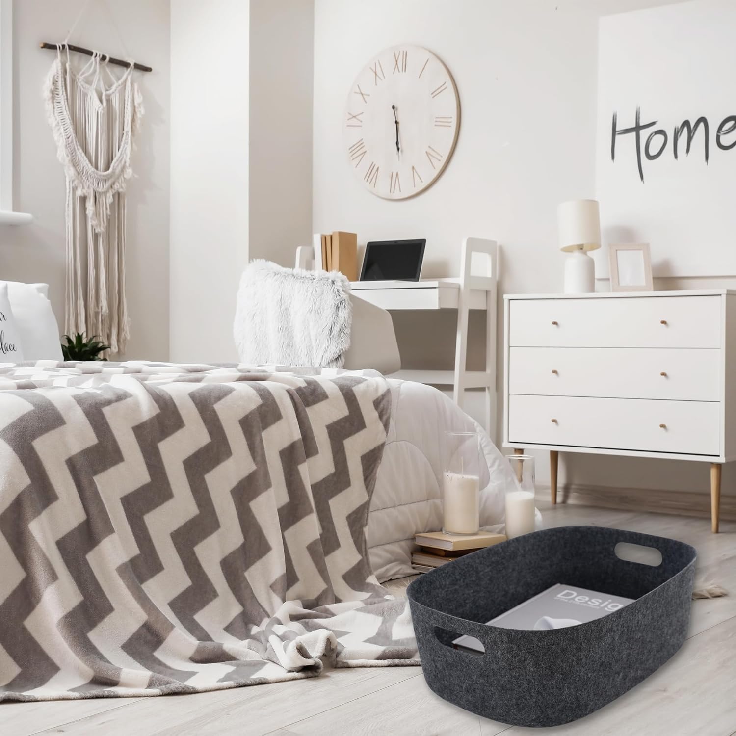 Welaxy Large Storage Basket Felt Open Desk Organize bin Shelf Box with handles lightweight carry for Magazines Books Junk Kids Toys Pet Clothes Laundry sleek minimalist lifestyle (Charcoal)