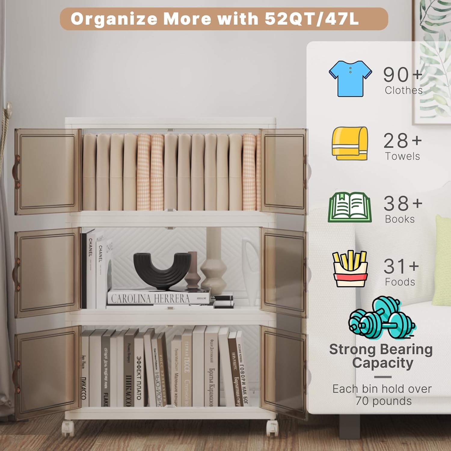 Extra Large Stackable Storage Bins with Lids & Wheels, Foldable Collapsible Closet Organizers Storage Cabinet with Doors for Bedroom Dorm (White, 165QT-55QT/14GAL*3Pack)