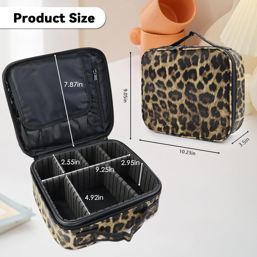 Travel Makeup Bag Makeup Cosmetic Train Case Organizer Portable Storage Bag with Adjustable Dividers for Cosmetics Makeup Brushes Toiletry Jewelry Leopard