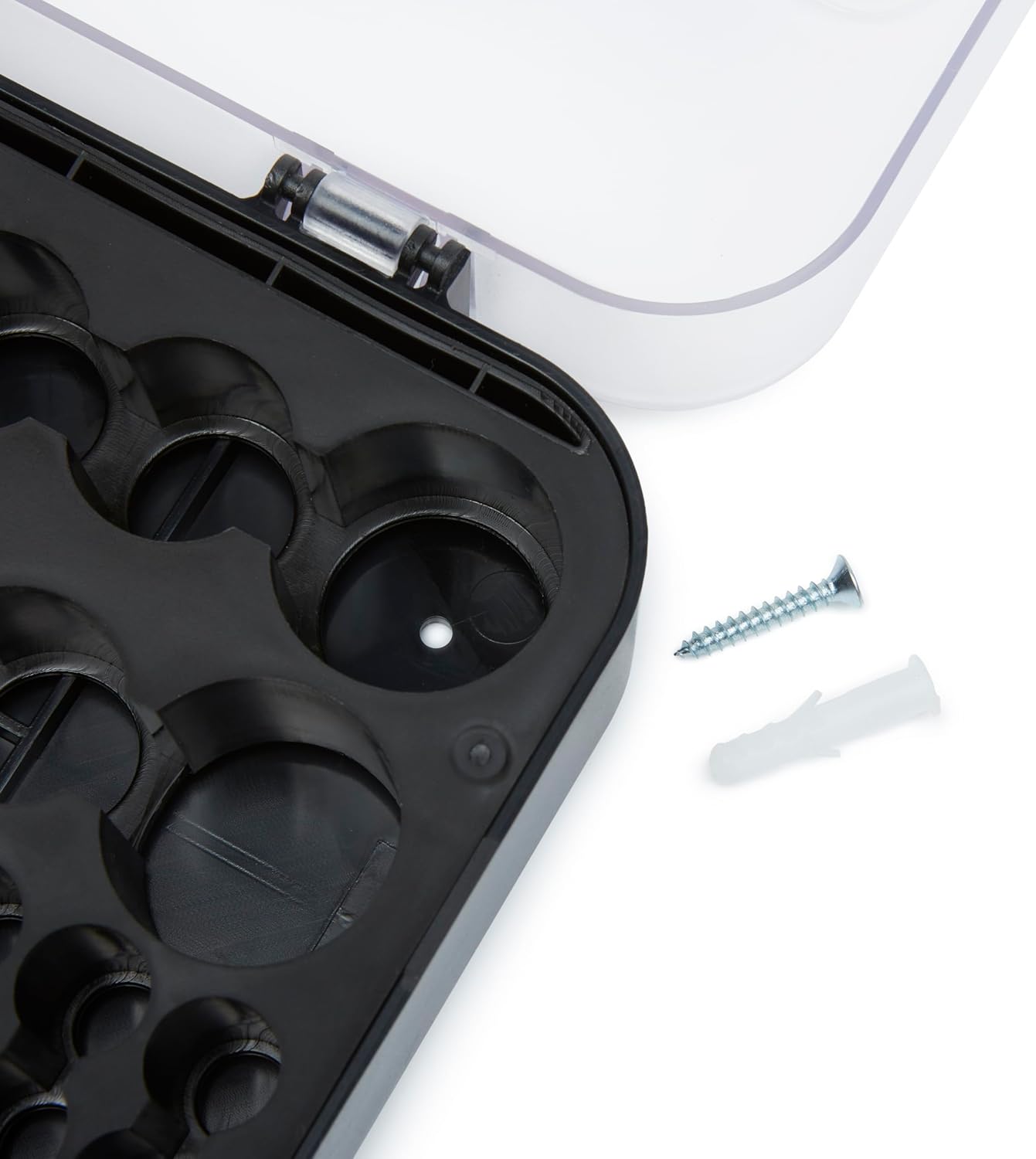 Amazon Basics Battery Organizer with Tester, Wall-Mounted Design, Handle Holds 110 Batteries, Clear/Black