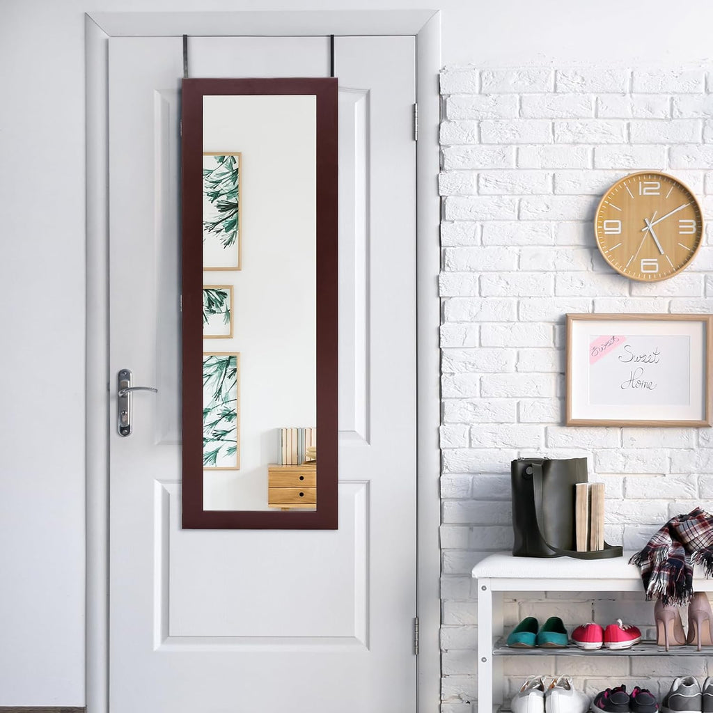 HAPPYGRILL Wall Mounted Jewelry Cabinet with Full Length Mirror, Over The Door Jewelry Organizer w/Built-in Makeup Mirror, Storage Shelves, Door Mounted Jewelry Armoire for Women, Girls (Brown)