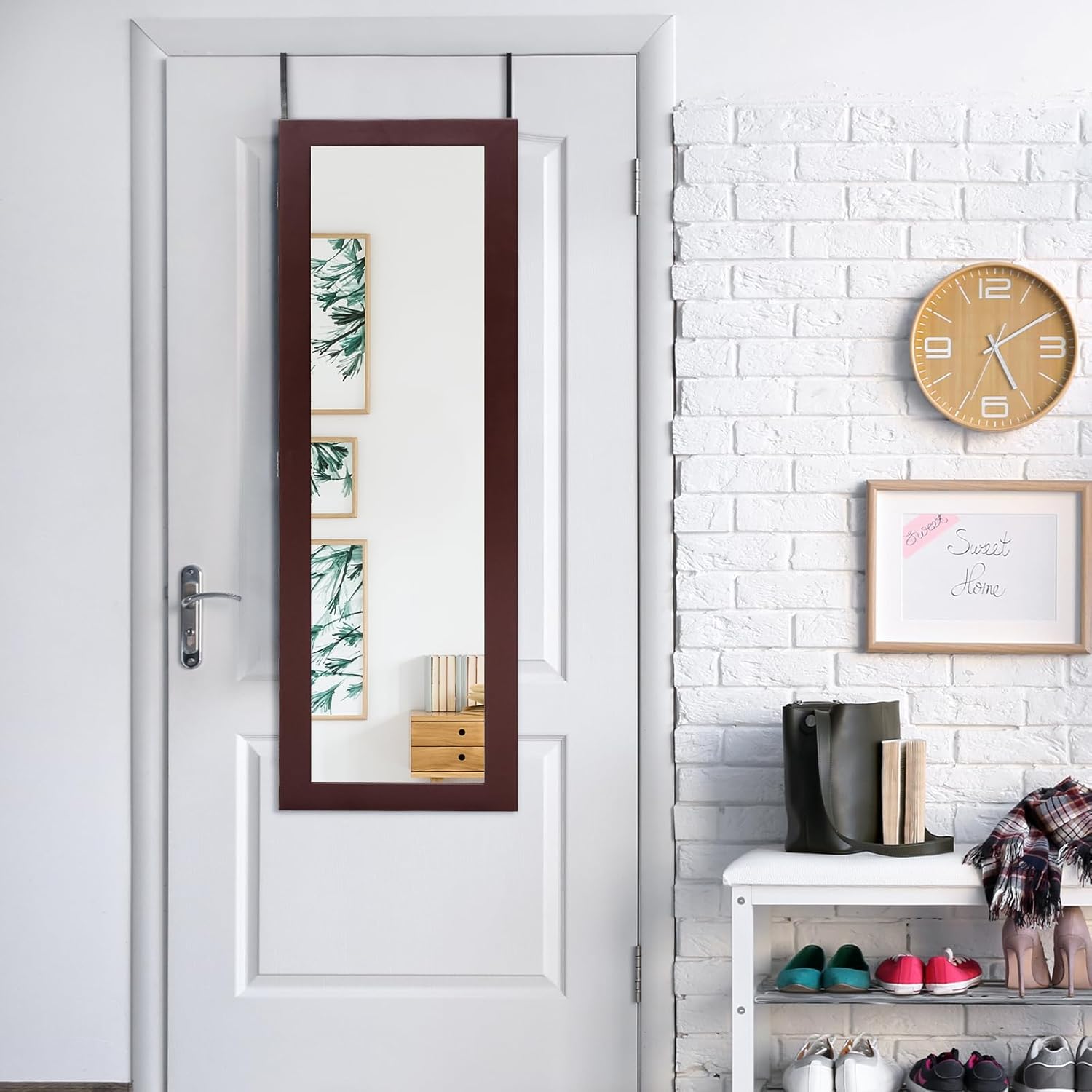 HAPPYGRILL Wall Mounted Jewelry Cabinet with Full Length Mirror, Over The Door Jewelry Organizer w/Built-in Makeup Mirror, Storage Shelves, Door Mounted Jewelry Armoire for Women, Girls (Brown)