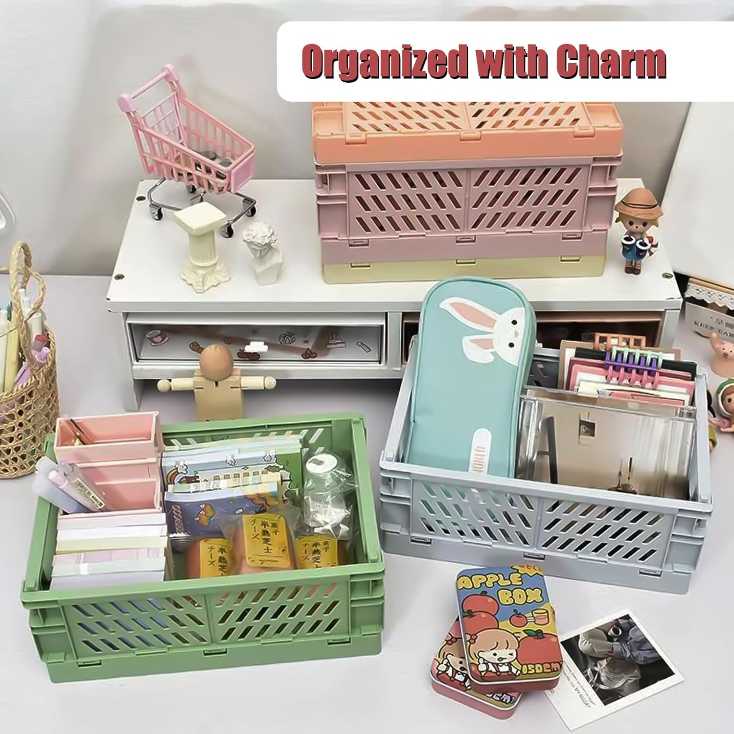 Pastel Plastic Storage Baskets 2 Pack, Collapsible Crates for Organizing, Space-Saving Bins for Kitchen, Office, Bedroom (Orange, Small: 5.8"x 3.8" x 2.2")