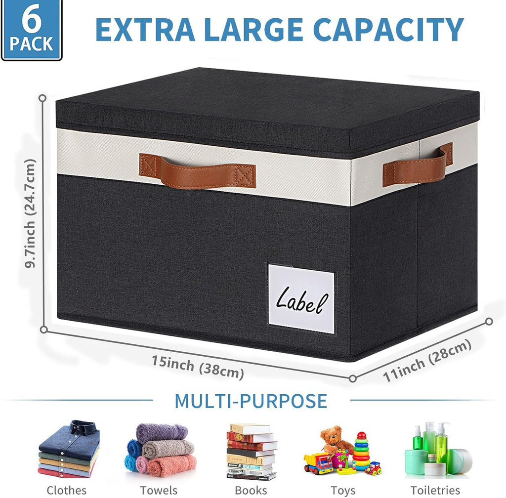 GhvyenntteS Fabric Storage Bins with Lids 6 Pack, Foldable Fabric Storage Baskets with Lid and Handles, Large Closet Organizers and Storage boxes with Label for Home Office (Black, 15" x 11" x 9.7")
