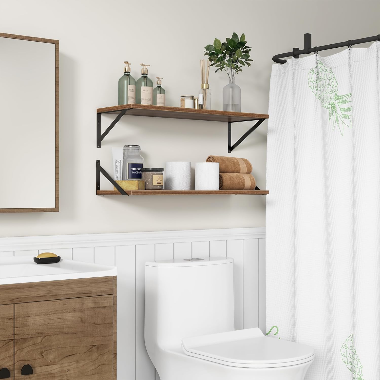 10 Inch Deep Floating Shelves, Walnut Floating Shelves 30 Inch Long, Rustic Wood Wall Shelves 30"W x 10"D, Deep Floating Shelf with Bracket, Wide Storage Shelves for Books, Living Room, Bathroom