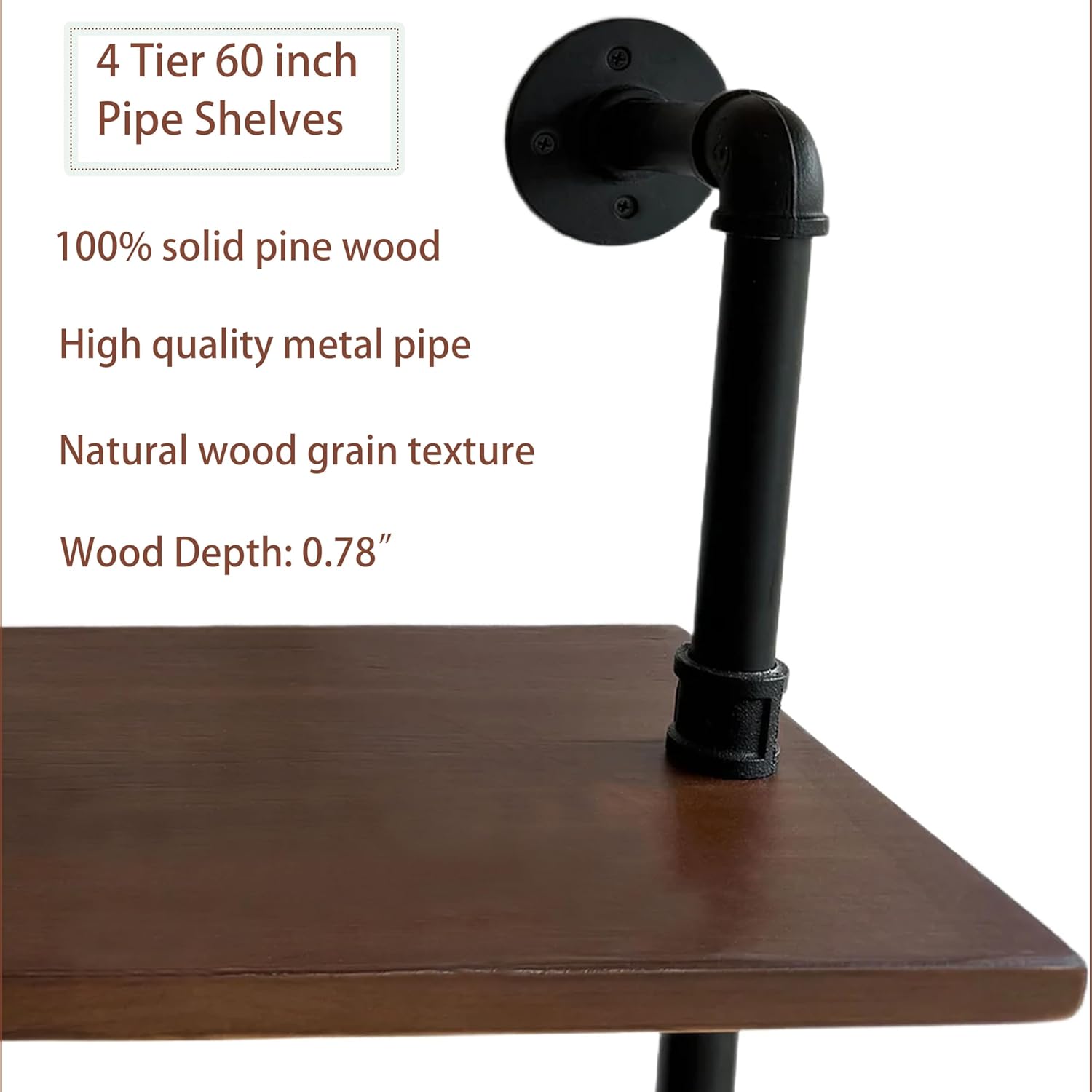 Industrial Pipe Wall Shelves Pipe Shelving with Real Wood Plank ,60 Inches Floating Shelves for Wall Farmhouse Pipe Book Shelves Dark Brown 4 Tier for Kitchen,Living Room Decor and Bar Shelving