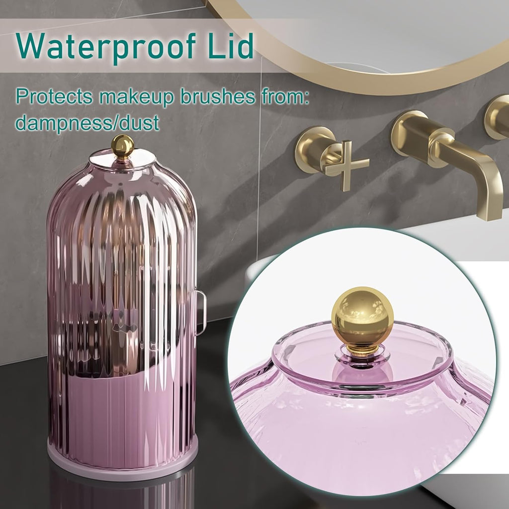 GAXmi Makeup Brush Holder with Lid Cosmetic Tools Organizer 360 Rotating Waterproof Dustproof Beauty Brushes Storage for Vanity, Pink-Purple