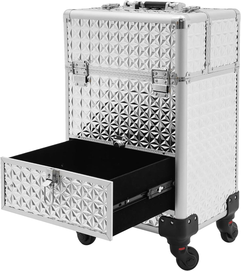 Rolling Nail Case, Salon Makeup Train Case Nail Storage Box Manicure Case Makeup Case on Wheels with 4 Detachable Wheels & 1 Sliding Drawer for Makeup Artists, Hairdressers, Manicurists