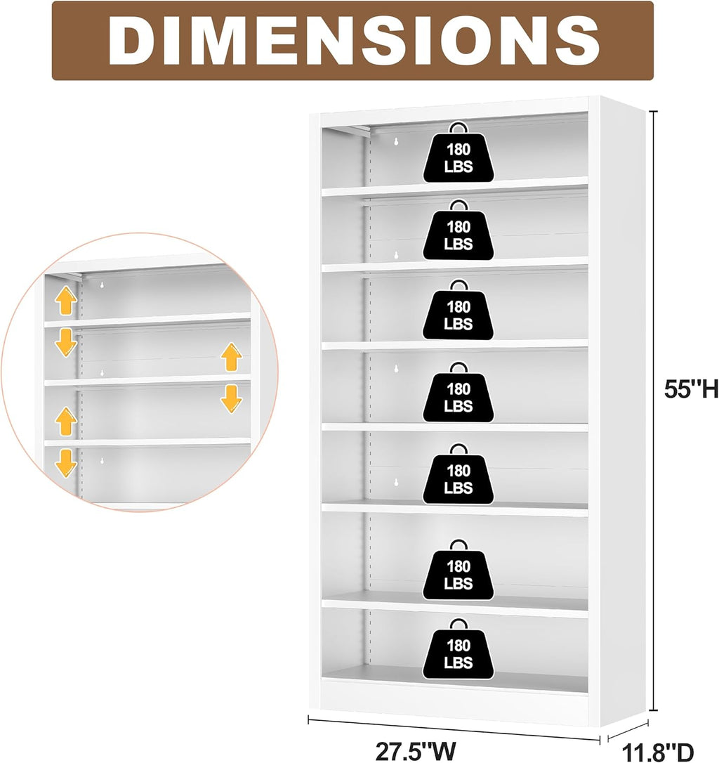 7 Tier DVD Storage Cabinets, Metal CD Storage Rack with Adjustable Shelves, Comic Book Storage Shelf, DVD Case Media Cabinet for Living Room, Media Room, & Home Theater (White)
