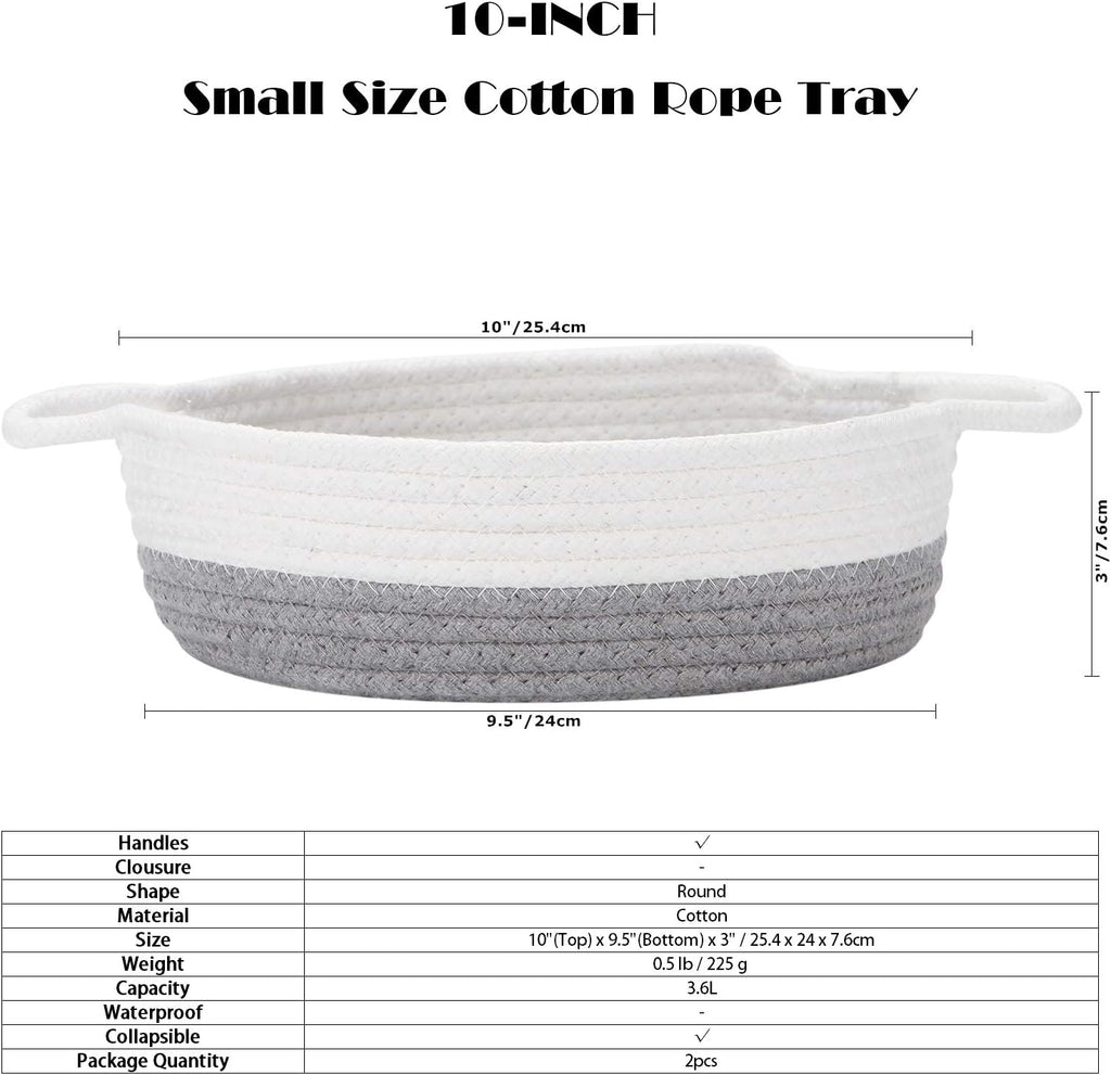 Sea Team 2-Pack Cotton Rope Baskets, 10 x 3 Inches Small Woven Storage Basket, Fabric Tray, Bowl, Round Open Dish for Fruits, Jewelry, Keys, Sewing Kits (Grey & White)