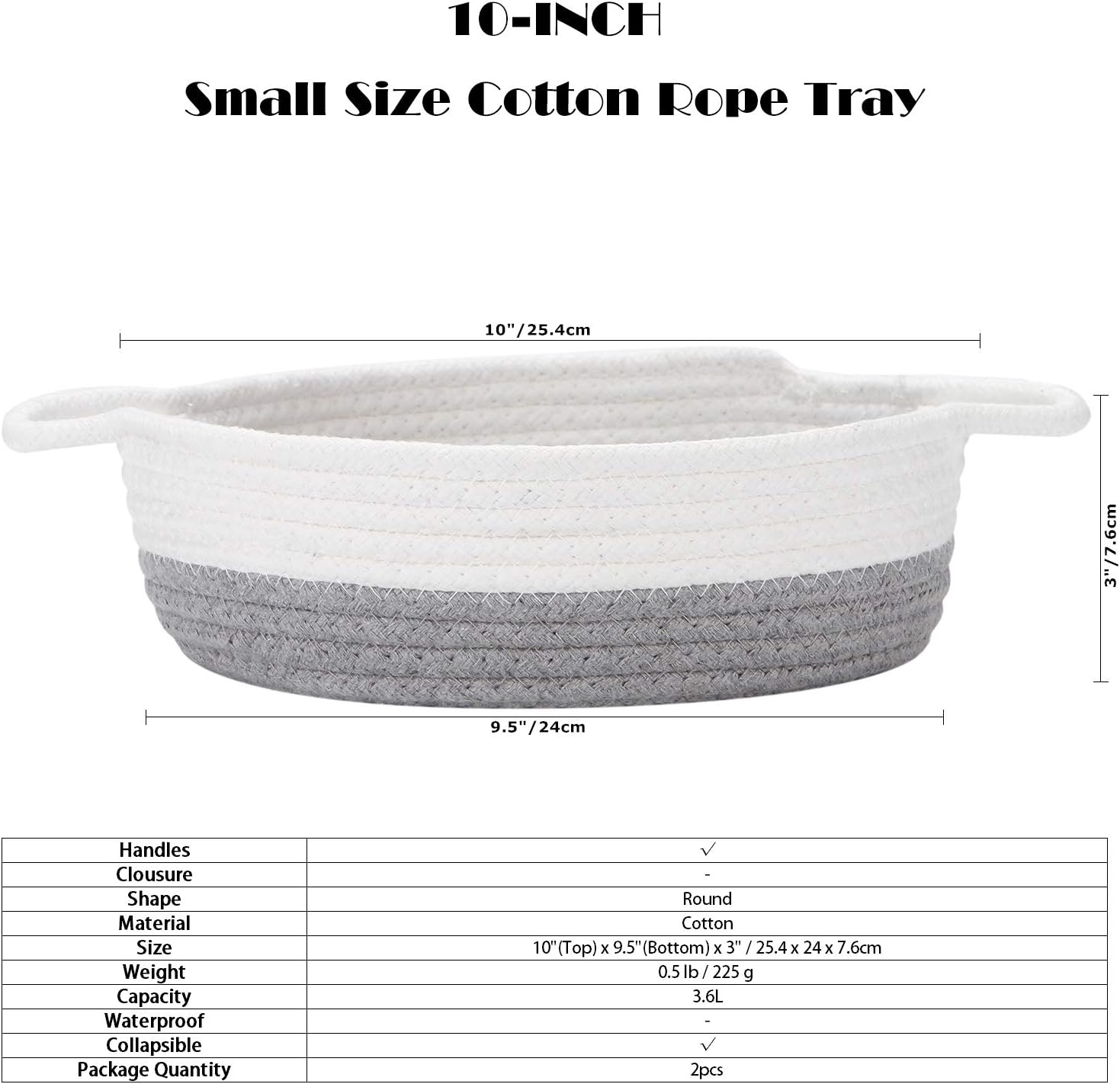 Sea Team 2-Pack Cotton Rope Baskets, 10 x 3 Inches Small Woven Storage Basket, Fabric Tray, Bowl, Round Open Dish for Fruits, Jewelry, Keys, Sewing Kits (Grey & White)