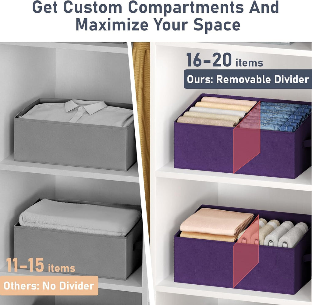 DIMJ Large Closet Shelf Organizer Bins 8 Packs with Handles and Divider, Fabric Trapezoid Storage Baskets, Foldable Clothes Containers Box for Shelf, Towel, Book, Toy, Purse, Hats, Purple