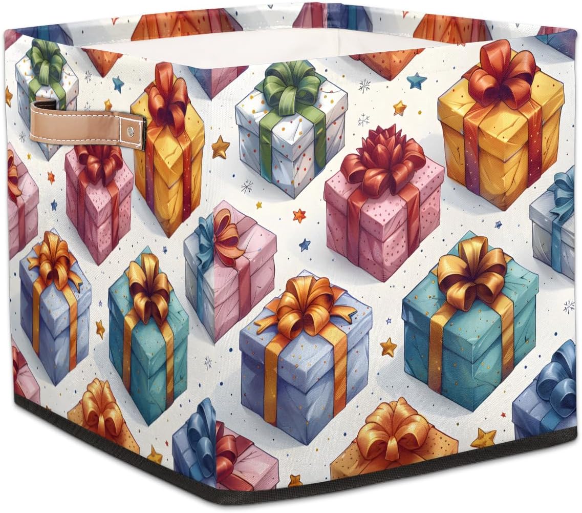 TropicalLife 13x13x13 Inch Large Fabric Storage Cube Holiday Gifts Box Pattern Foldable Storage Bin with Handles Organizer Boxes Cube Basket for Shelves Organizing Closet