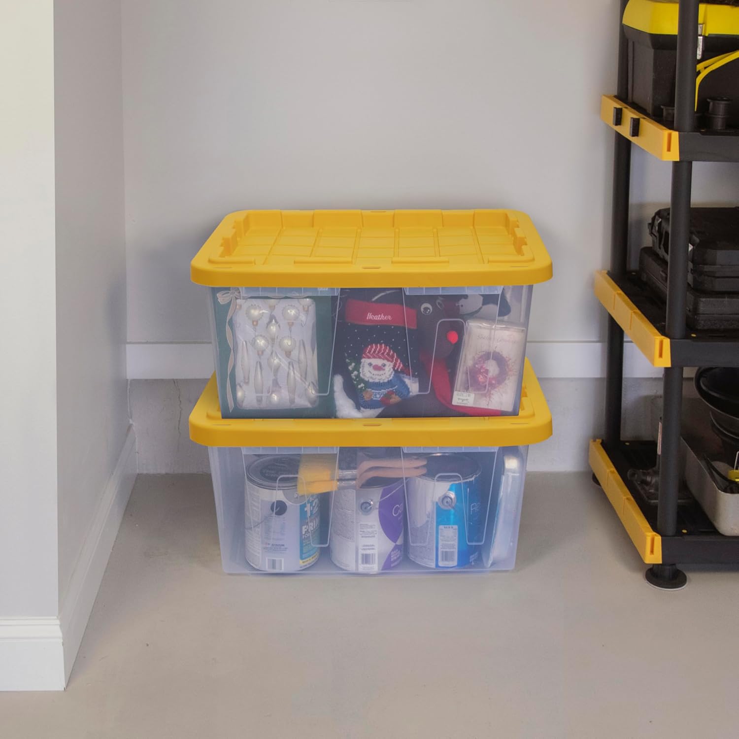 CX BLACK & YELLOW, 27-Gallon Heavy Duty Clear Storage Container & Snap-Tight Lid, Clear & Yellow (14.3H x 20.6W x 30.6D), Weather-Resistant, Stackable, See-Through Organization Tote [4 Pack]