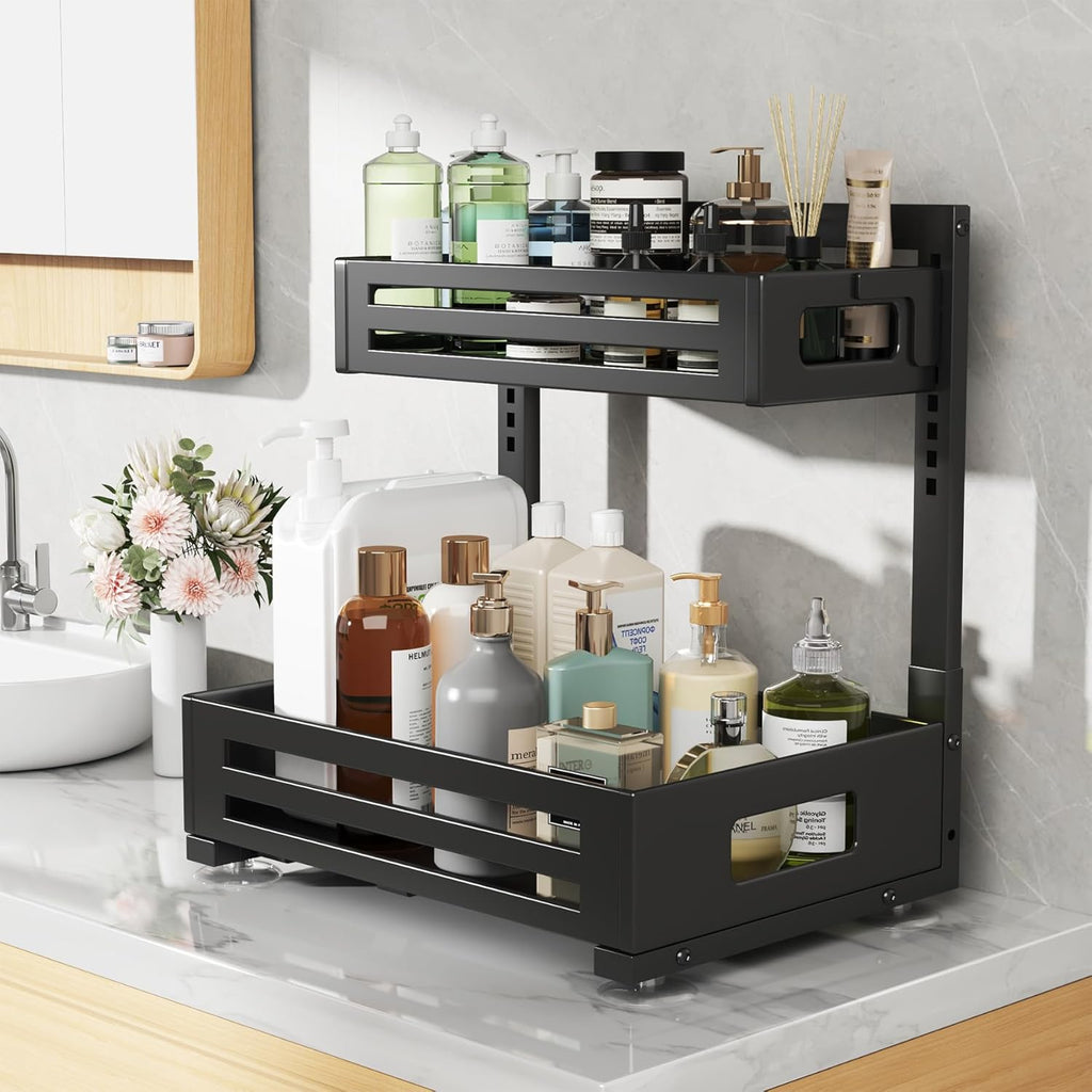 1 Pack Under Sink Organizer,Pull Out Cabinet Organizer with Smooth Cylindrical Rail,Metal Slide Out Drawer for Kitchen Bathroom Laundry Cabinet,8-Level Tool Free Height Adjustable-Black