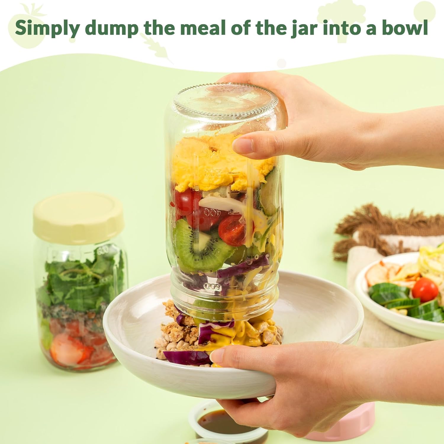 SOLIGT 4 Pack Glass Salad Jars with Lids Meal Prep, Leakproof Container for Lunch, with Wet/Dry Separation Cups, 32oz Mason Jars (Pink/Orange/Sky Blue/Olive Green)