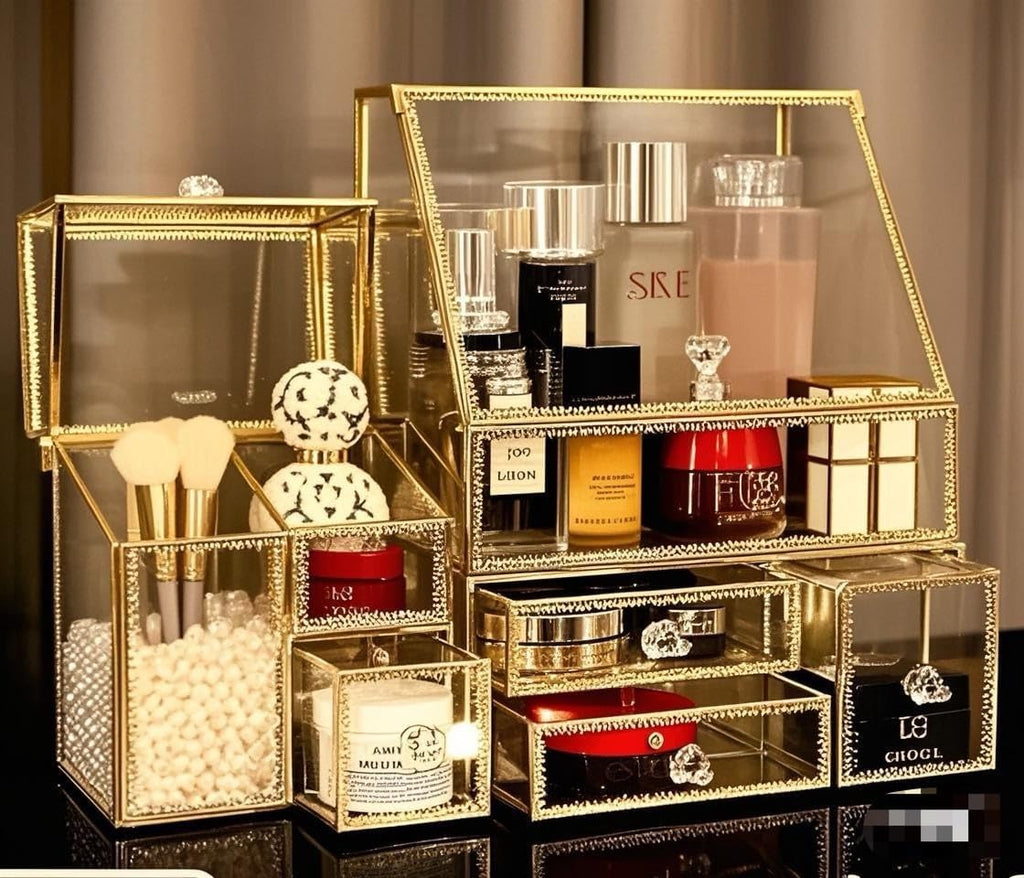 Hersoo Luxury Stackable Glass Cosmetic Organizer 3-Piece Set-Durable,Premium Shatterproof Vanity Storage,Artisan-Design for High-End Bathroom&Makeup Counter Decor(gold)