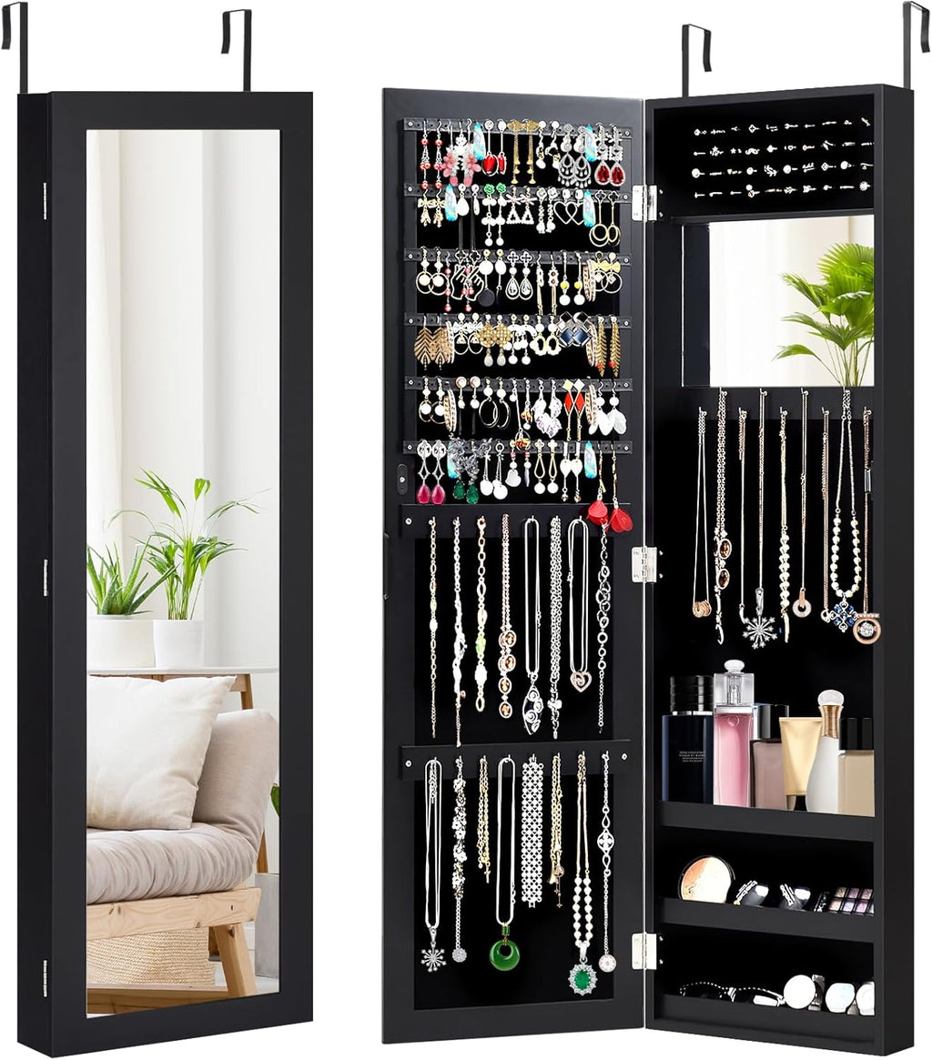 HAPPYGRILL Wall Mounted Jewelry Cabinet with Full Length Mirror, Over The Door Jewelry Organizer w/Built-in Makeup Mirror, Storage Shelves, Door Mounted Jewelry Armoire for Women, Girls (Black)