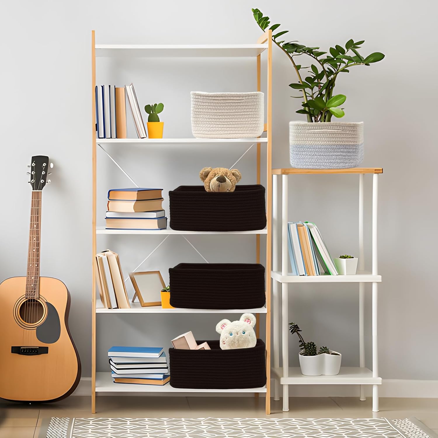 COMFY-HOMI 13" x 8.5" x 5.1" Storage Baskets for Organizing | Cotton Rope Woven Basket | Toy Storage Bin Box | Basket for Shelves, Closet Organizer Bin, Decorative Closet Shelf, 1 Pack, All black