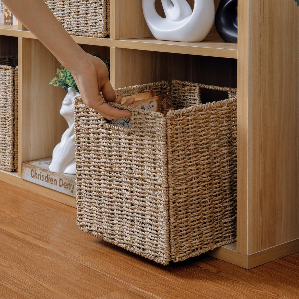10.5 x 10.5in Cube Seagrass Storage Baskets, Foldable Square Wicker Storage Baskets for Shelves Set of 3, Large Cubby Rattan Basket, Collapsible Cube Storage Bins