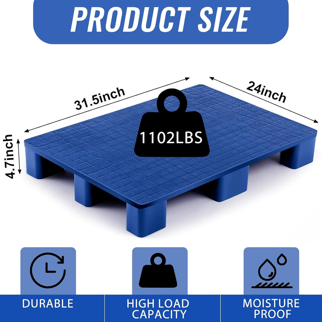 1 Pcs Plastic Pallet for Basement Storage Easy Stack Lightweight Floor Pallet Display Flooring Room Supermarket Christmas, Support up to 2000 Lbs (31.5'' L X 24'' W X 4.7'' H,Blue)