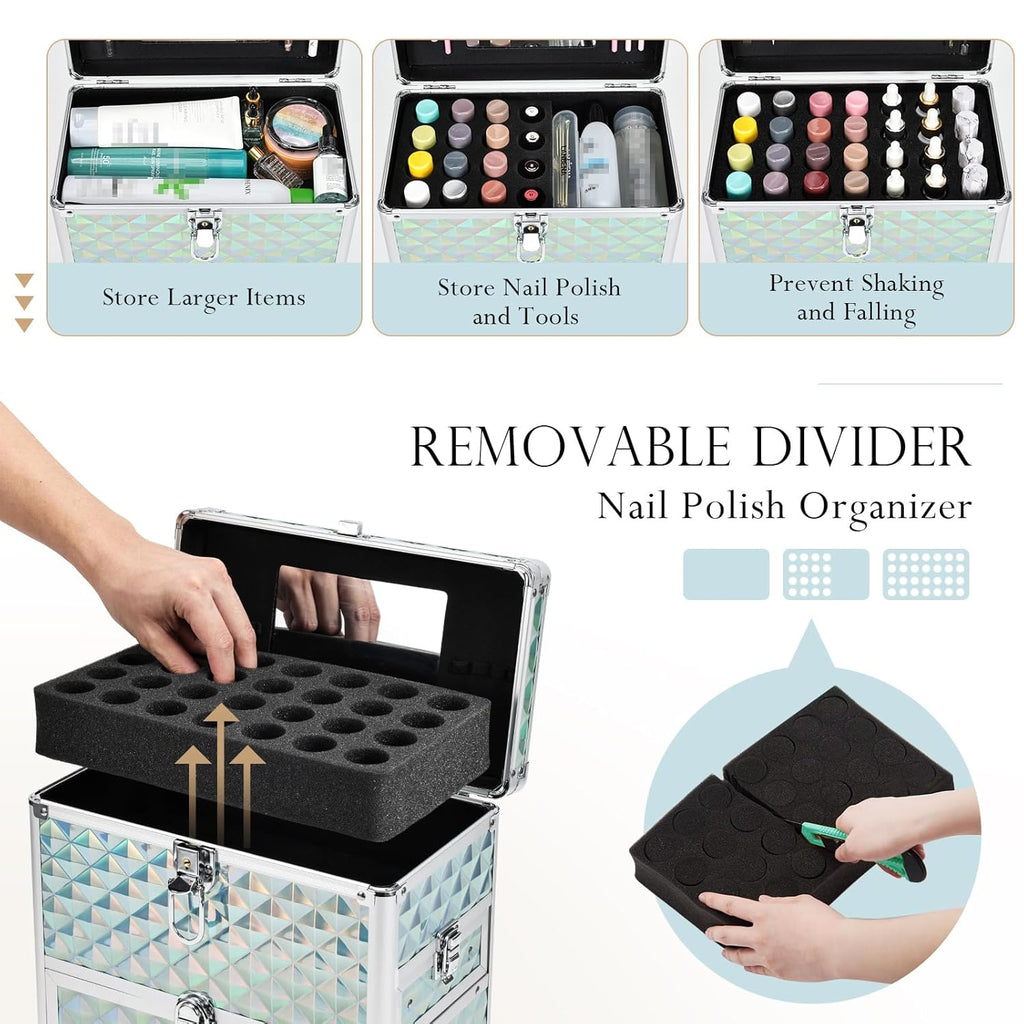 FRENESSA Extra Large Makeup Organizer Case Cosmetic Box Storage with Drawer Mirror Nail Manicure Accessory Organizer With Dividers Travel Nail Art Case for Makeup Artist Nail Tech Case Watery Blue