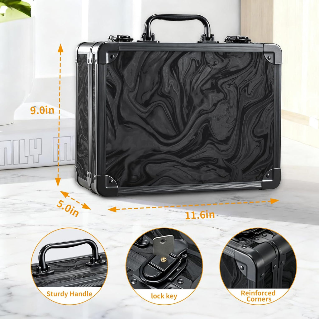 Makeup Case with LED Mirror - Black Fluid-Color Makeup Box with Detachable Lighted Mirror, Travel Cosmetic Train Case Organizer with Adjustable Dividers and Tool Panel for Brushes