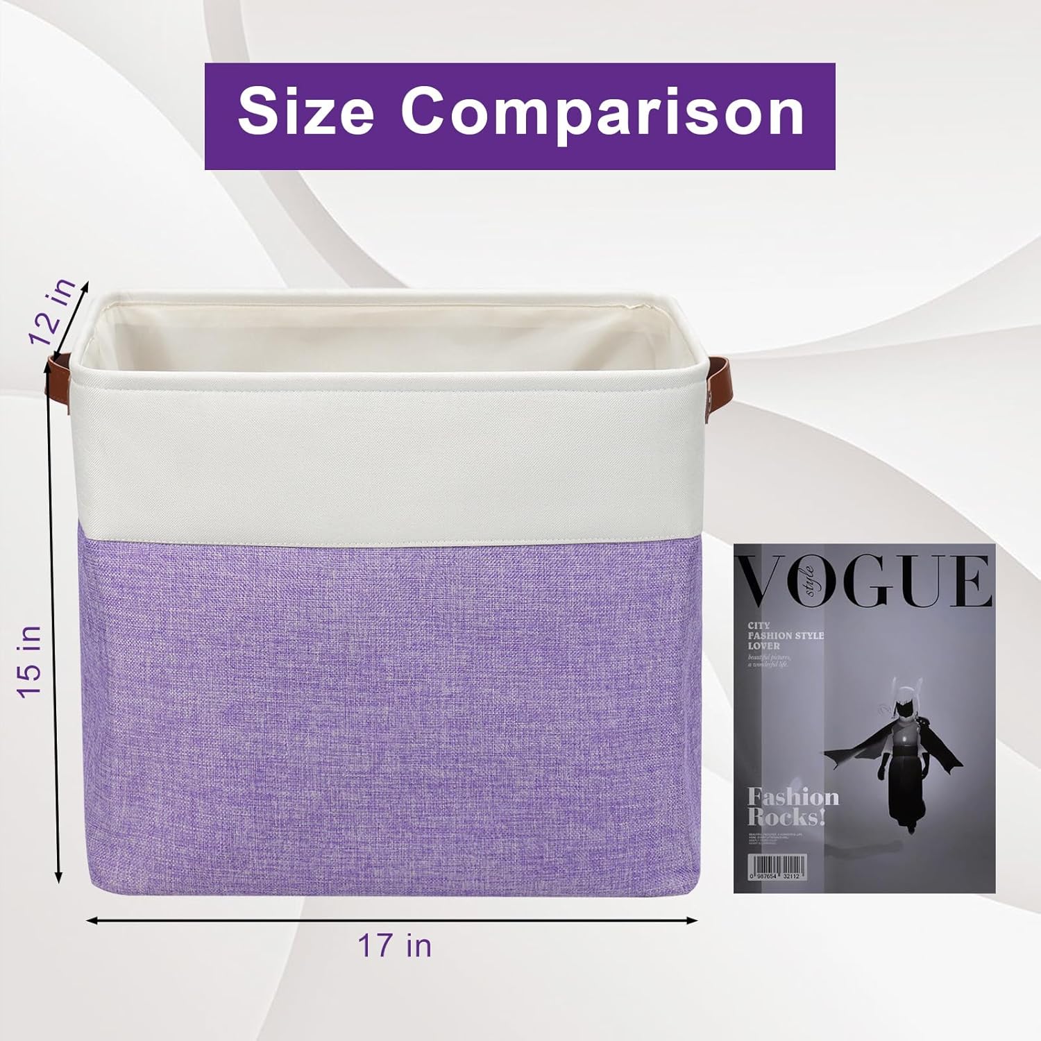 Large Fabric Storage Baskets | 50L Storage Bins, Decorative Linen Closet Baskets with Handles for Organizing, Shelf, Toys, Clothes, Home, Office, Nursery, 17x12x15Inches (Purple&White)
