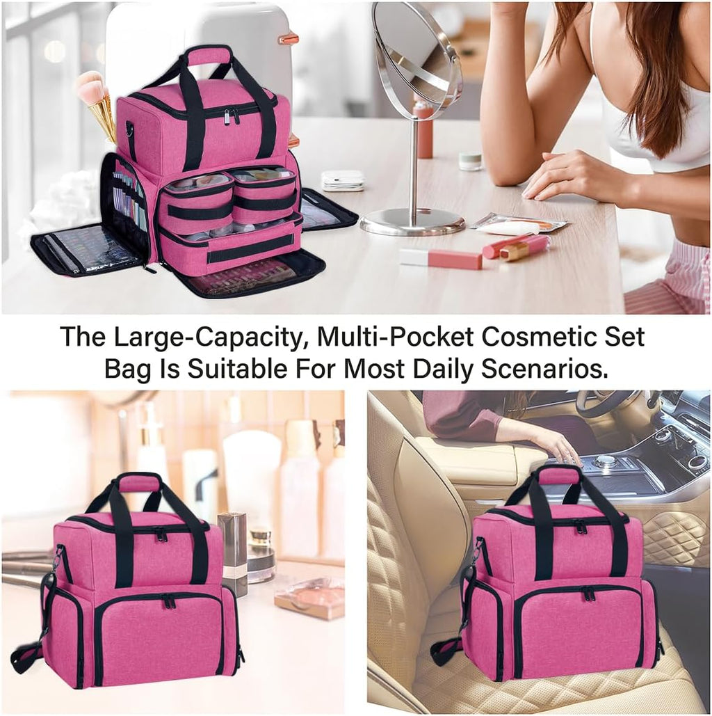 Large Makeup Cosmetic Bag with 3 Removable Case and 2 Removable Dividers Double Layer Travel Storage Organizer, Makeup Brushes Storage Section Rose Red