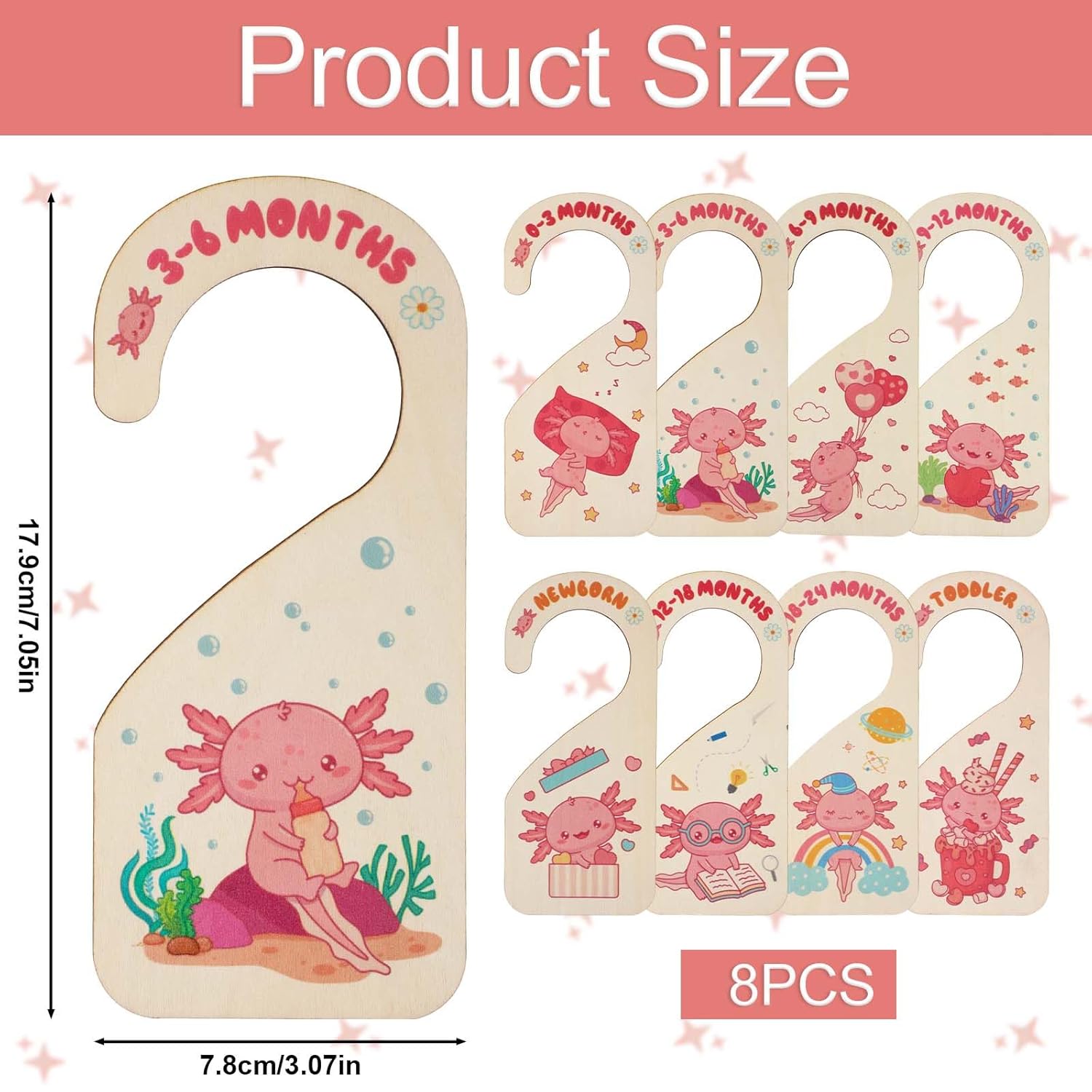 8pcs Baby Closet Dividers, Wooden Baby Wardrobe Organizer Newborn to 24 Months Axolotl-Themed Design Nursery Decor Double-Sided Nursery Hanger Dividers for Home Decor