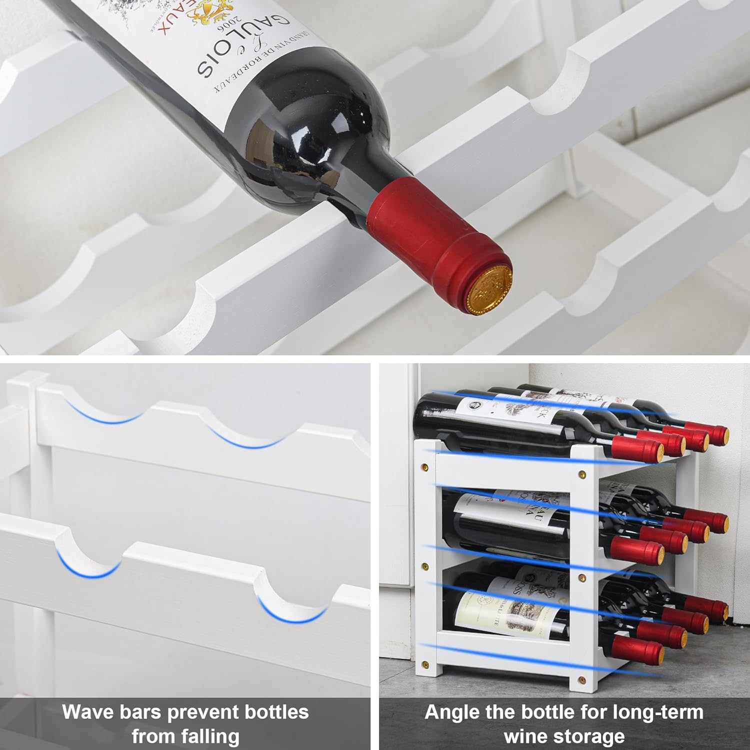 VASMIA Bamboo Wine Rack, Sturdy and Durable Wine Storage Cabinet Shelf, Wine Racks Countertop for Pantry,Kitchen,3-Tier 12 Bottles Wine Rack White