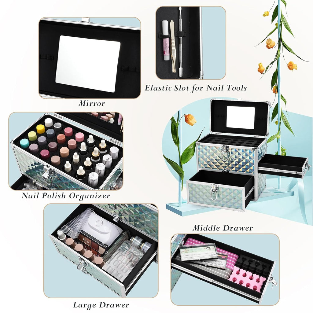 FRENESSA Extra Large Makeup Organizer Case Cosmetic Box Storage with Drawer Mirror Nail Manicure Accessory Organizer With Dividers Travel Nail Art Case for Makeup Artist Nail Tech Case Watery Blue