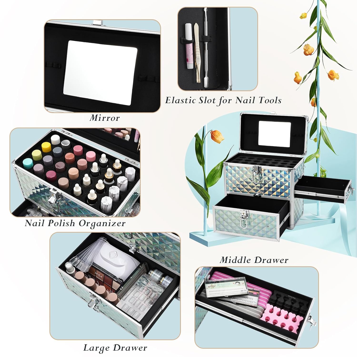 FRENESSA Extra Large Makeup Organizer Case Cosmetic Box Storage with Drawer Mirror Nail Manicure Accessory Organizer With Dividers Travel Nail Art Case for Makeup Artist Nail Tech Case Watery Blue