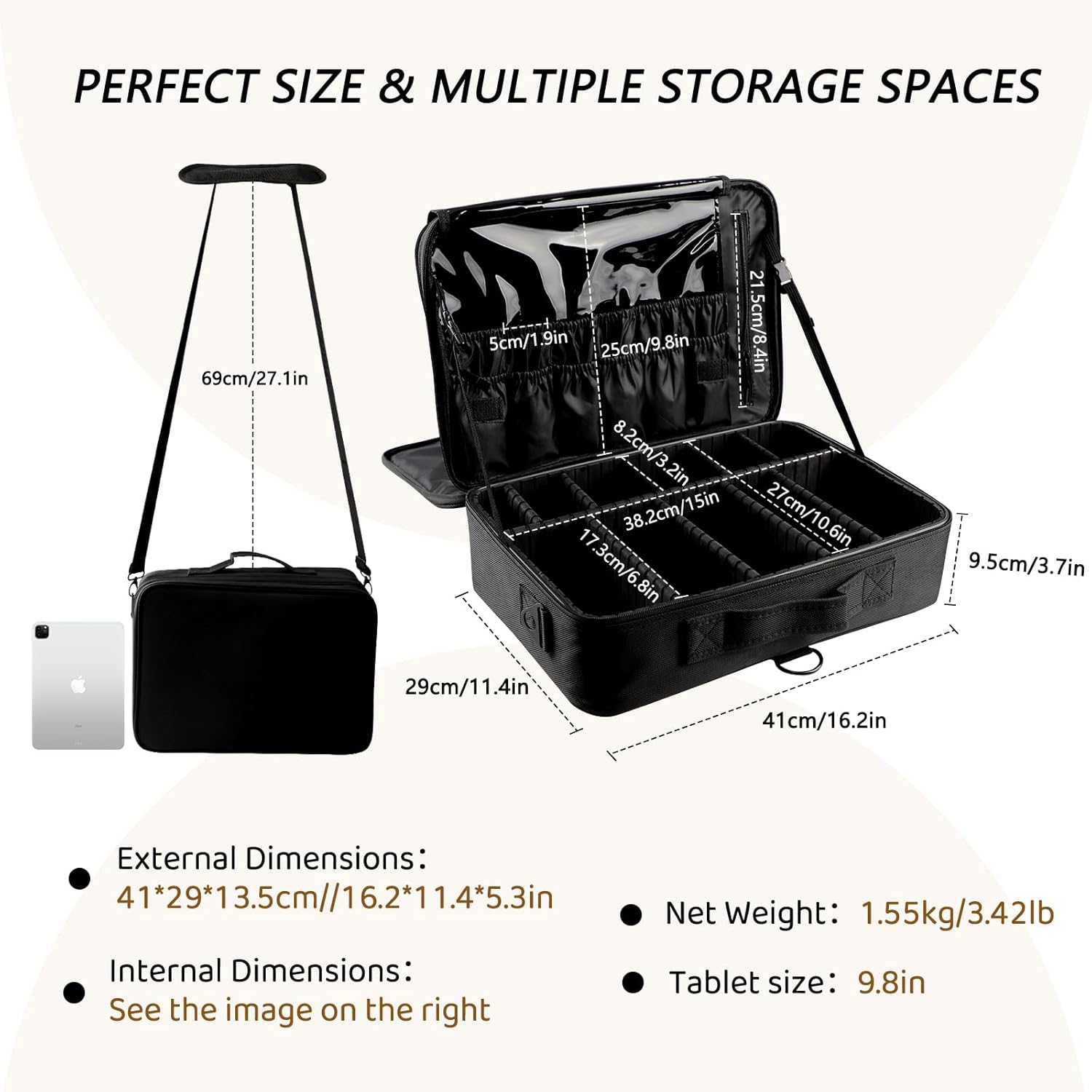 gzcz Large Capacity Travel Makeup Train Case,Professional Cosmetic Bags for Women,Portable Makeup Brush Bag Organizer Storage with Adjustable Dividers and Shoulder Strap