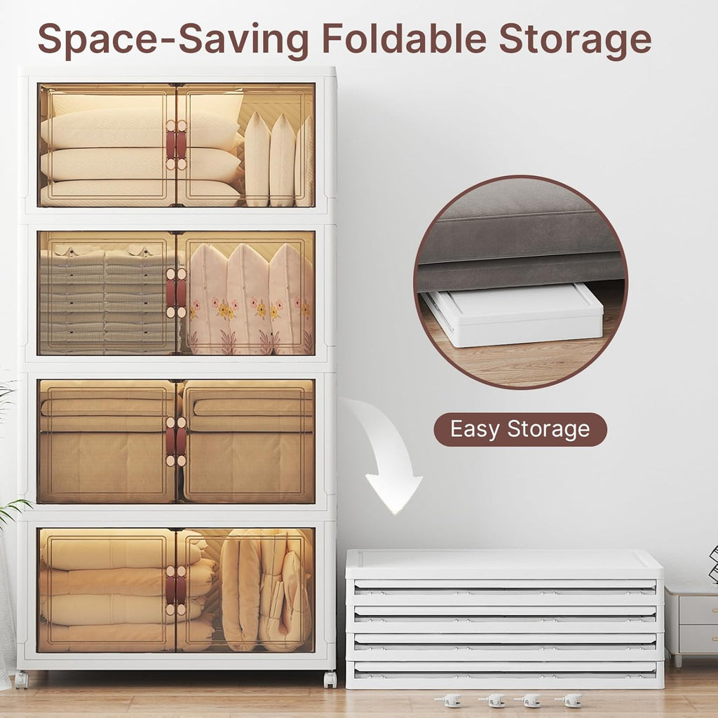 640Qt Stackable Storage Bins with Lids, 4 Pack Large Collapsible Bins with Wheels, Plastic Cabinet with Doors, Foldable Closet Organizers and Storage for Home, Dorm, Office, White