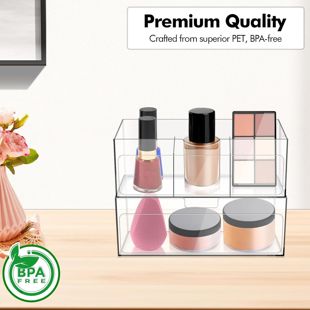 Poeland 2 Pack Makeup Organizer, Stackable Storage Organizer with U-shaped Removable Divider, Clear Storage Box for Medicine Cabinet, Closet, Bathroom, Counter