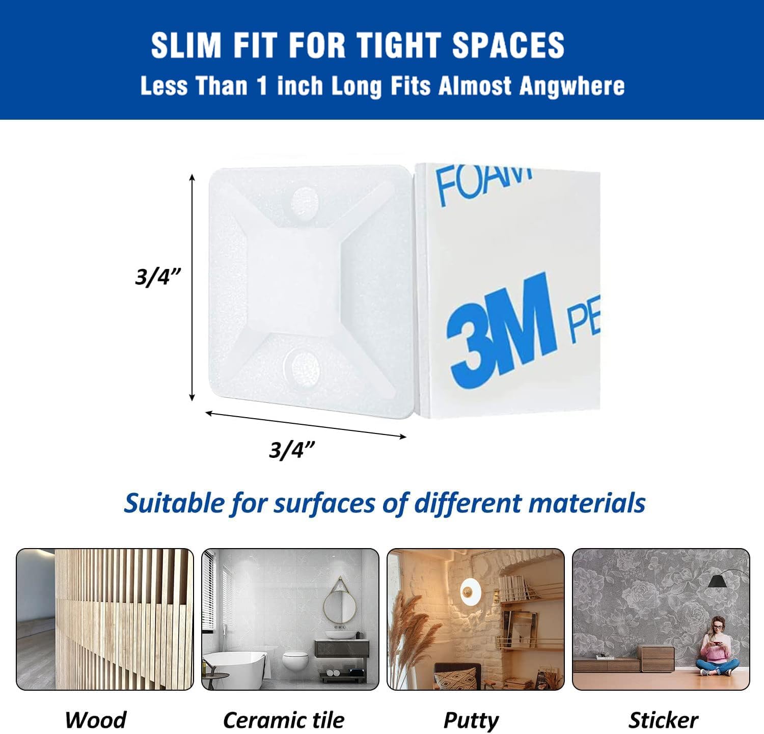 Strong Back-Glue Self Adhesive Cable Zip Tie Mounts Kit - 100 Set Cable Management Clips with 6" Zip Ties, Wire Holders - Outdoor Sticky Wire Organizer Clips - White