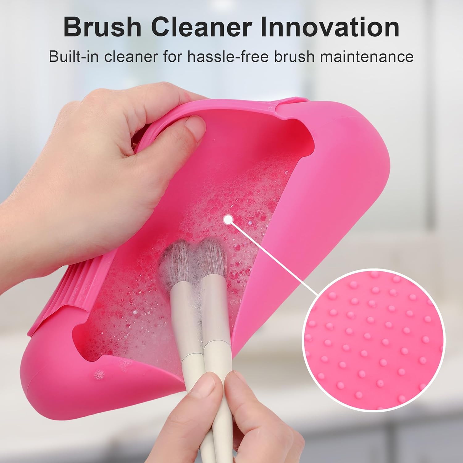 Silicone Travel Makeup Brush Holder for Women with Magnetic Closure and Built-in Brush Cleaner, Washable Cosmetic Organizer, Gift-Ready Pouch, Rose Red