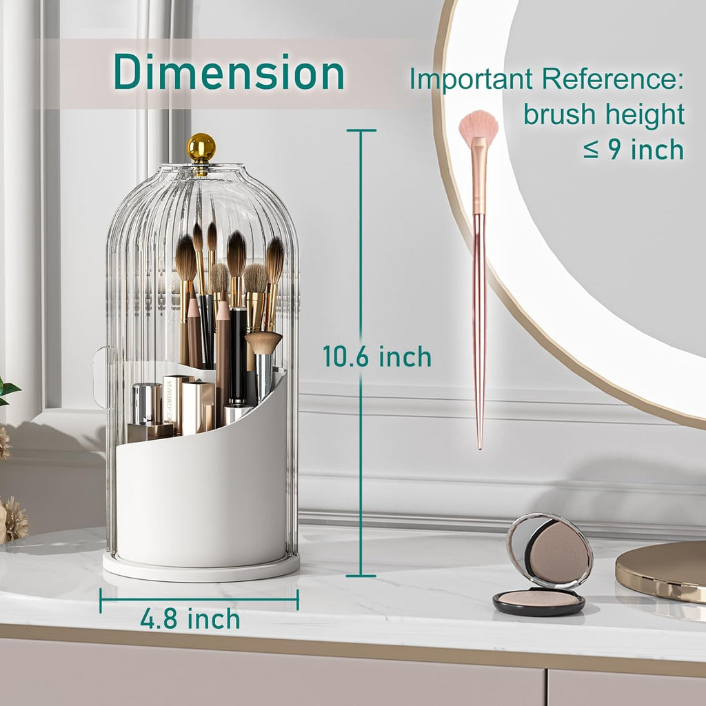 GAXmi Makeup Brush Holder with Lid Cosmetic Tools Organizer 360 Rotating Waterproof Dustproof Beauty Brushes Storage for Vanity, Transparent