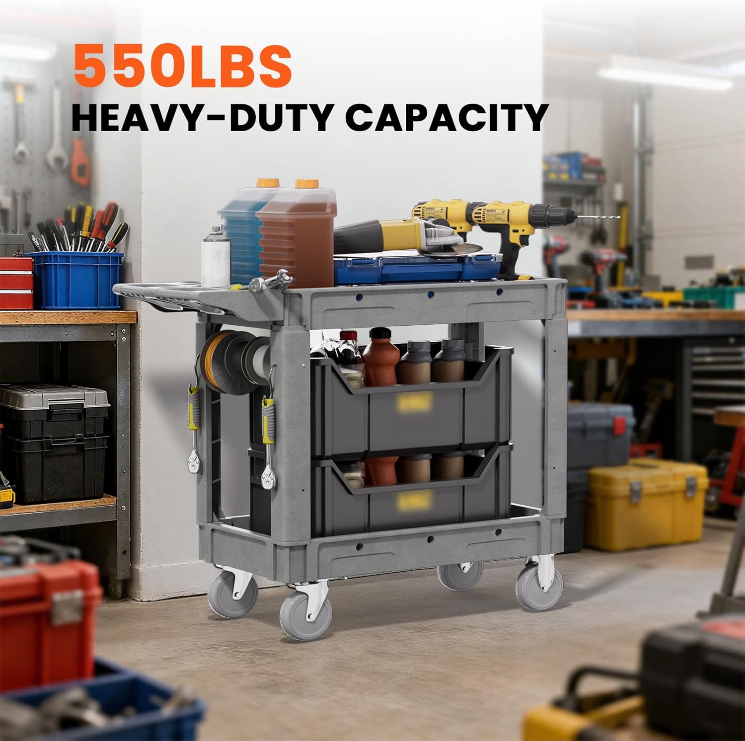 2 Tier Plastic Rolling Utility Cart on Wheels, Heavy Duty Tool Cart with Deep Shelves and 360° Swivel Wheels Holds up to 550 lbs, Service Cart for Garage, Warehouse, Cleaning (Grey-M)