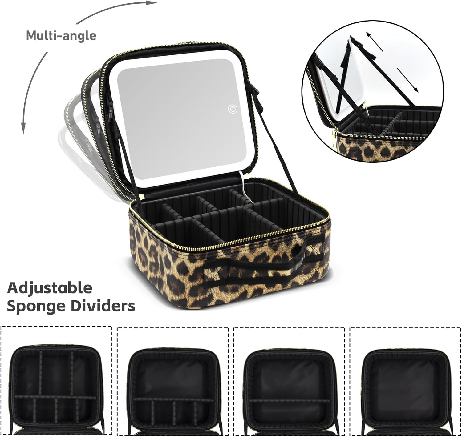 Makeup Bag with Light Up Mirror, Lighted Travel Makeup Organizer 3 Colors Adjustable Brightness, Makeup Bag with Mirror and Light, Travel Train Case Portable Cosmetic Bag for Women(Leopard)