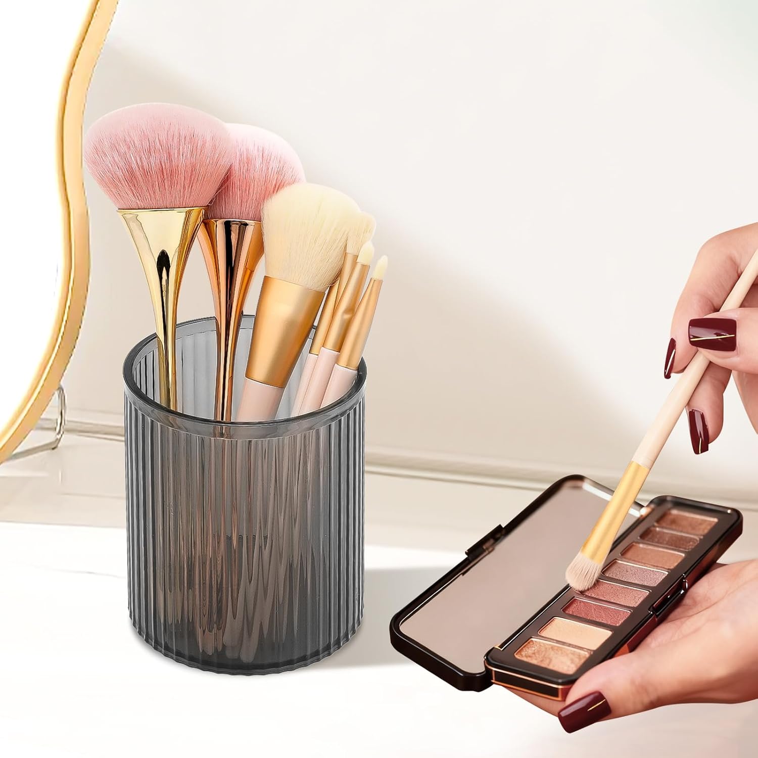 DASITON Makeup Brush Holder Organizer, Acrylic Makeup Brush Cup, Vintage Striped Make Up Brush Holder for Vanity, Bathroom Countertop, Toothbrush Holders, Pen Holder for Desk Storage (Black)