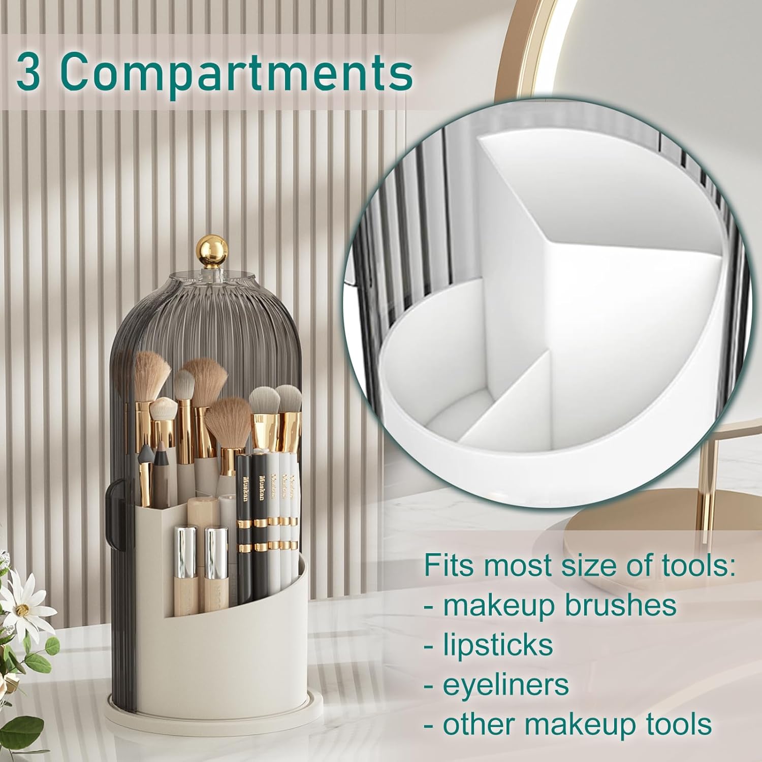 GAXmi Makeup Brush Holder with Lid Cosmetic Tools Organizer 360 Rotating Waterproof Dustproof Makeup Brushes Storage for Vanity, Grey