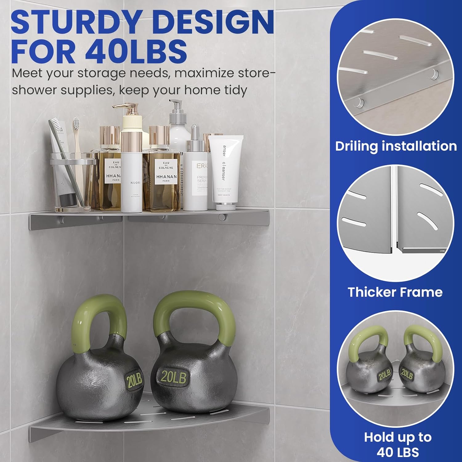 2 Pack Corner Shower Shelves Load Capacity 40 lbs 304 Stainless Steel Shower Corner Shelf Will not Rust 8in Shower Shelf for Inside Shower Brushed Nickel Drilling Installation