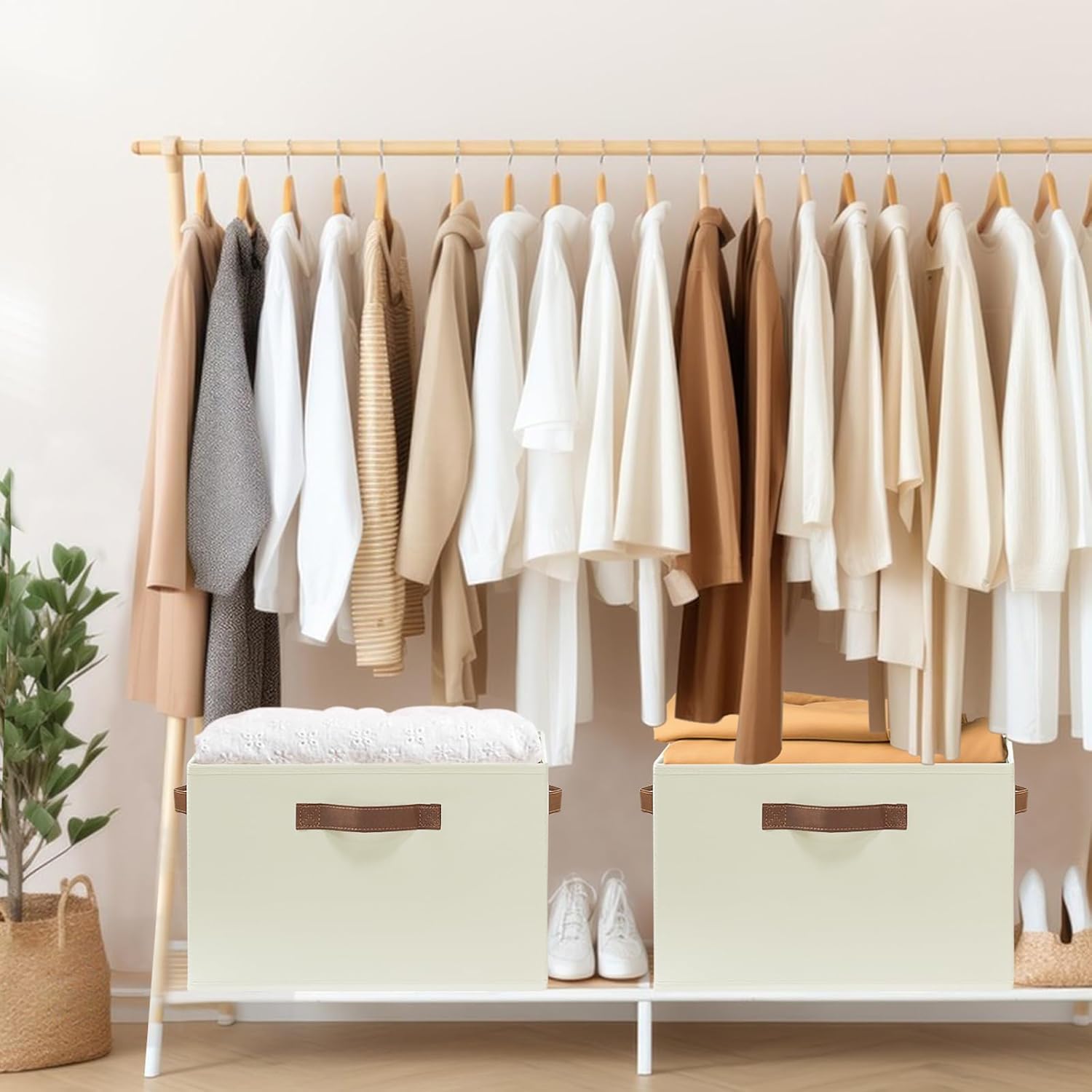 GhvyenntteS Large Fabric Storage Bins with 3 Handles, 15x11x9.6 Inch Storage Baskets for Shelves, Foldable Closet Storage Bins for Shelves, Closet Organizers and Storage Boxes, Beige