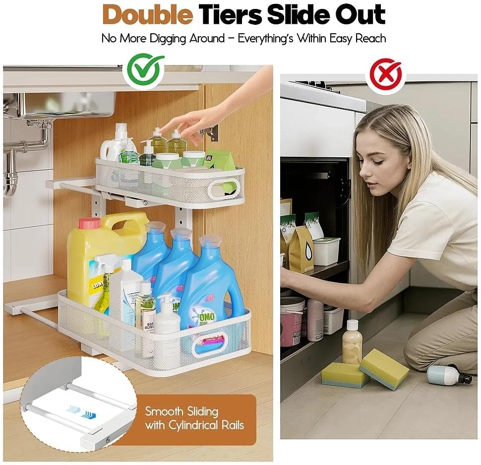 1 Pack 15.7IN-Depth Under Sink Organizer With Smooth Cylindrical Rail,2-Tier Pull Out Multi-Purpose Cabinet Storage for Bathroom&Kitchen,Height Adjustable,Rust-resistant Coating-White